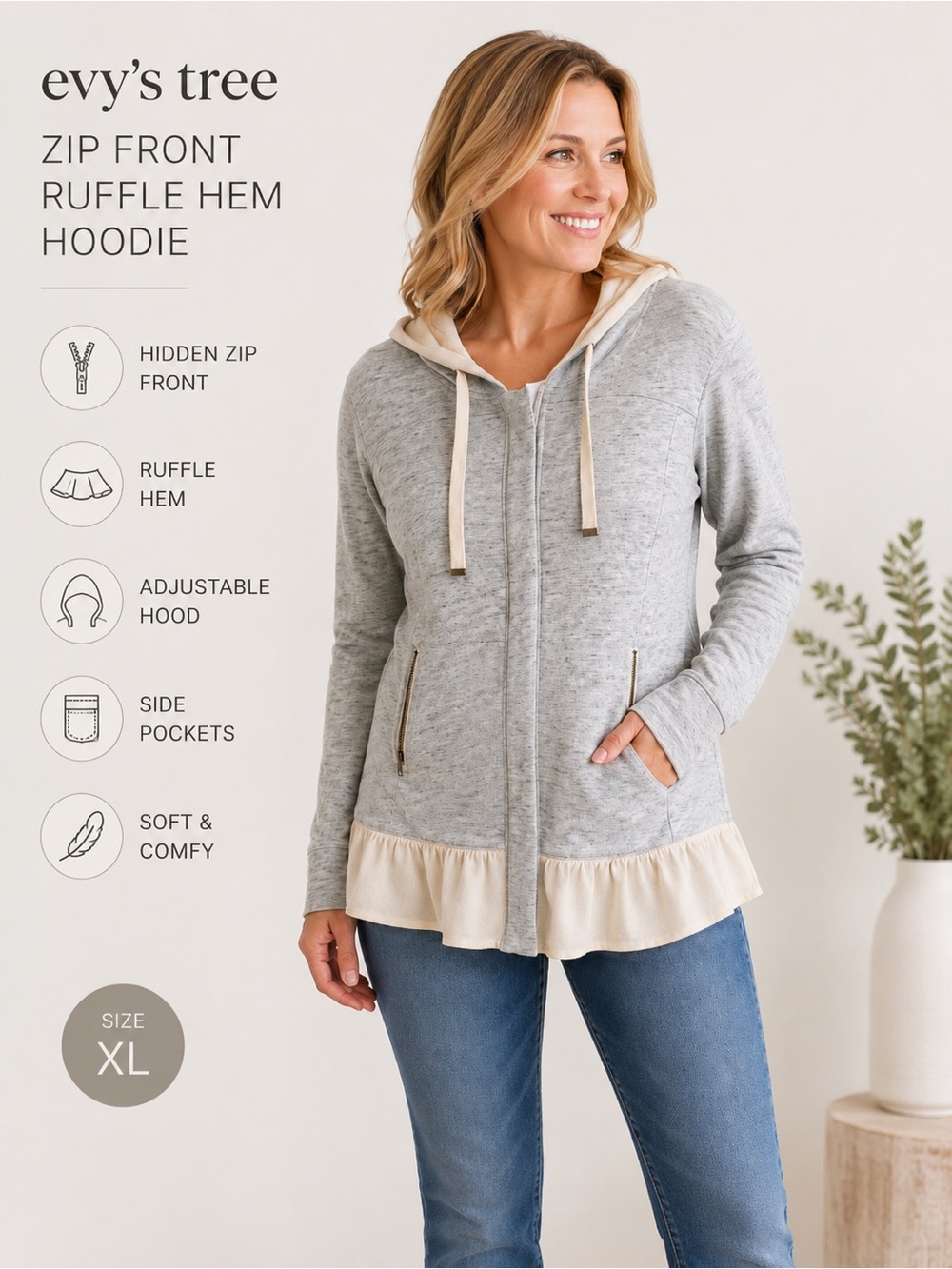 Evy’s Tree Gray Ruffle Hem Zip Front Hoodie Jacket Size XL